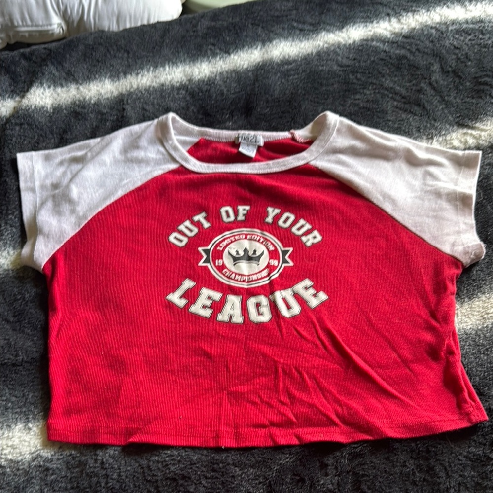 Rue21 Red and White Short Sleeve cropped top “Out of your League”
